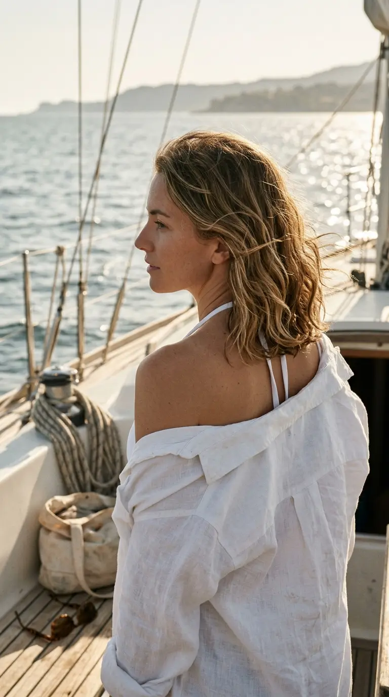 Three quarter back view of a wavy layered bob with smooth flat sides