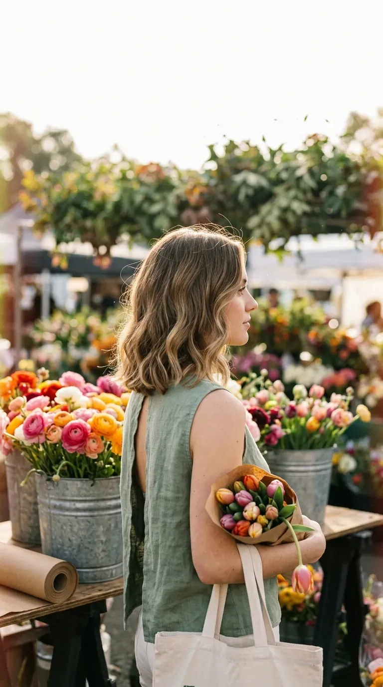 Side profile of a wavy lob with soft layers at a flower market