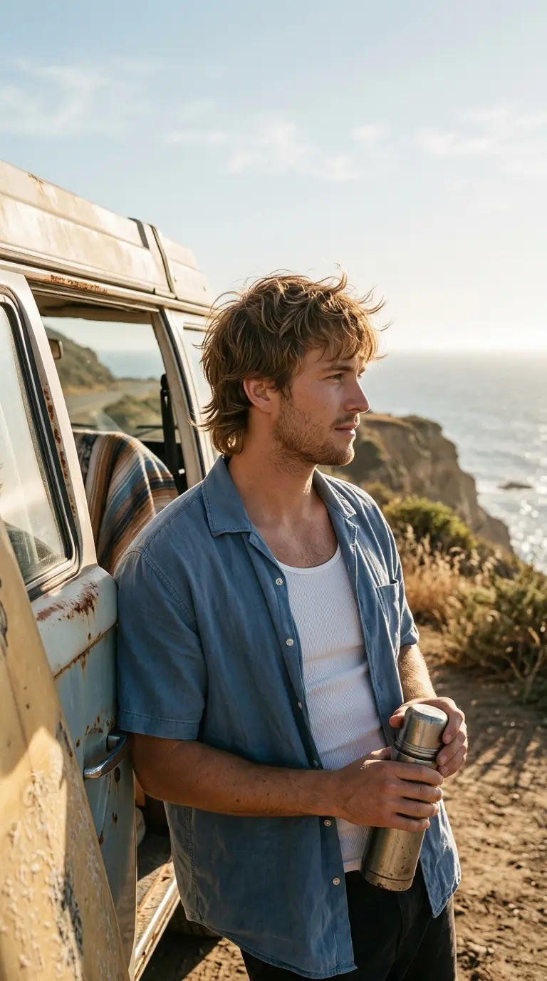 Three quarter front view of a layered wavy surfer shag beside a camper van