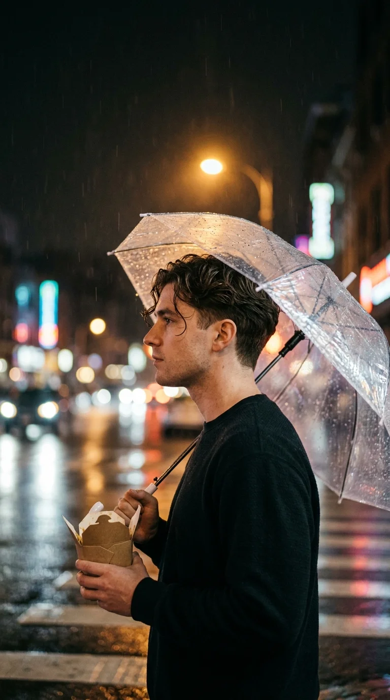 Side profile of a wavy two block haircut with soft fringe at night