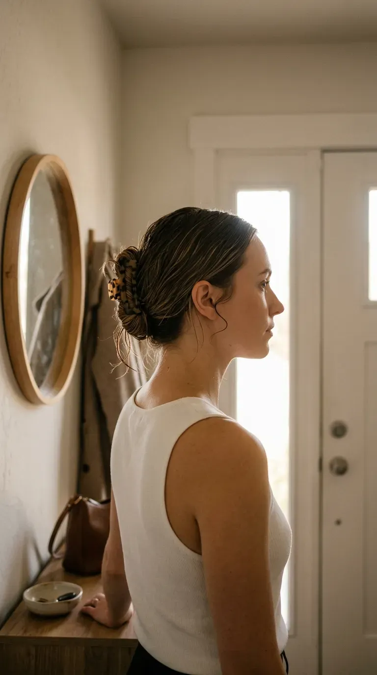 Side profile of a damp hair twist secured with a claw clip at the nape