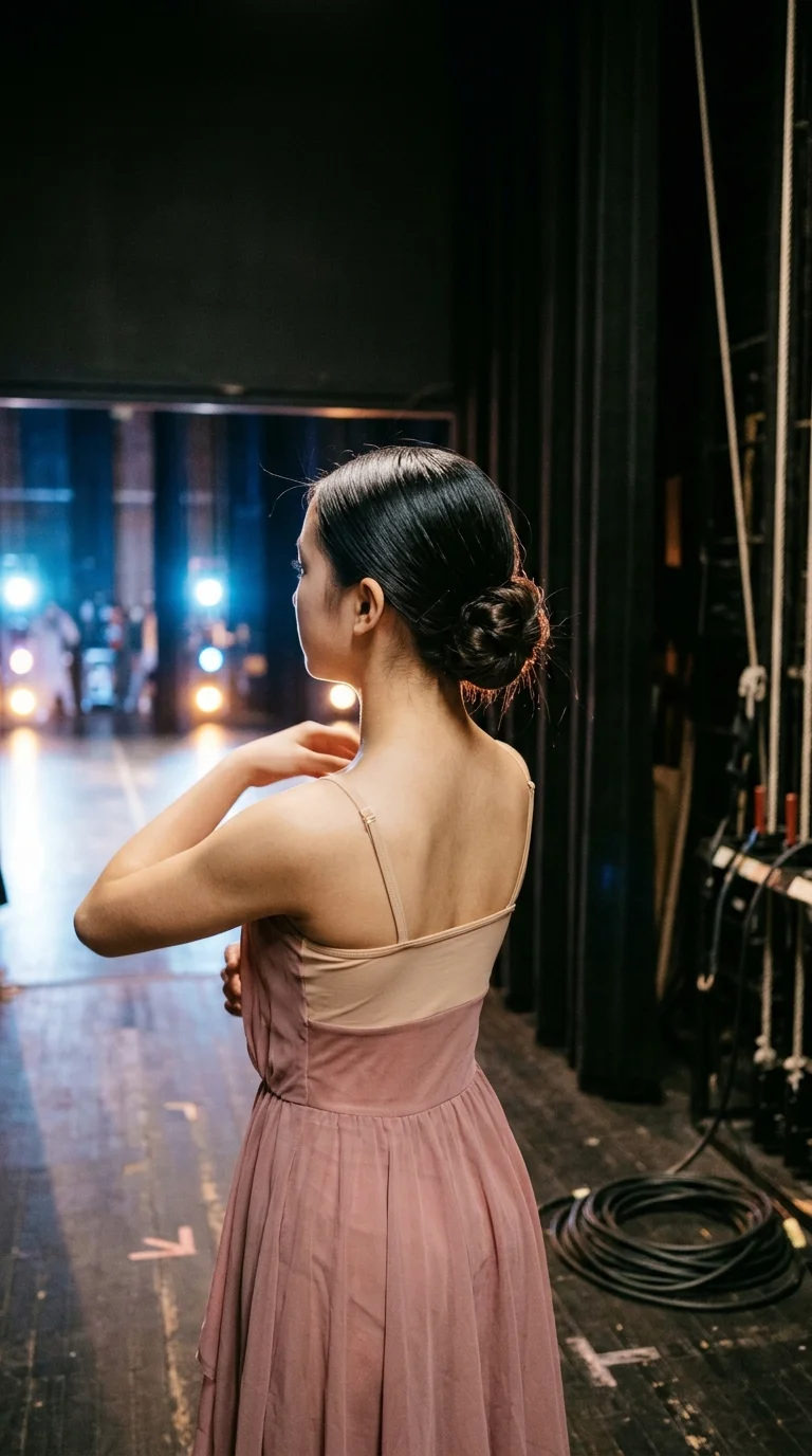 Side profile of a dancer with glossy wet look hair slicked back into a low ponytail