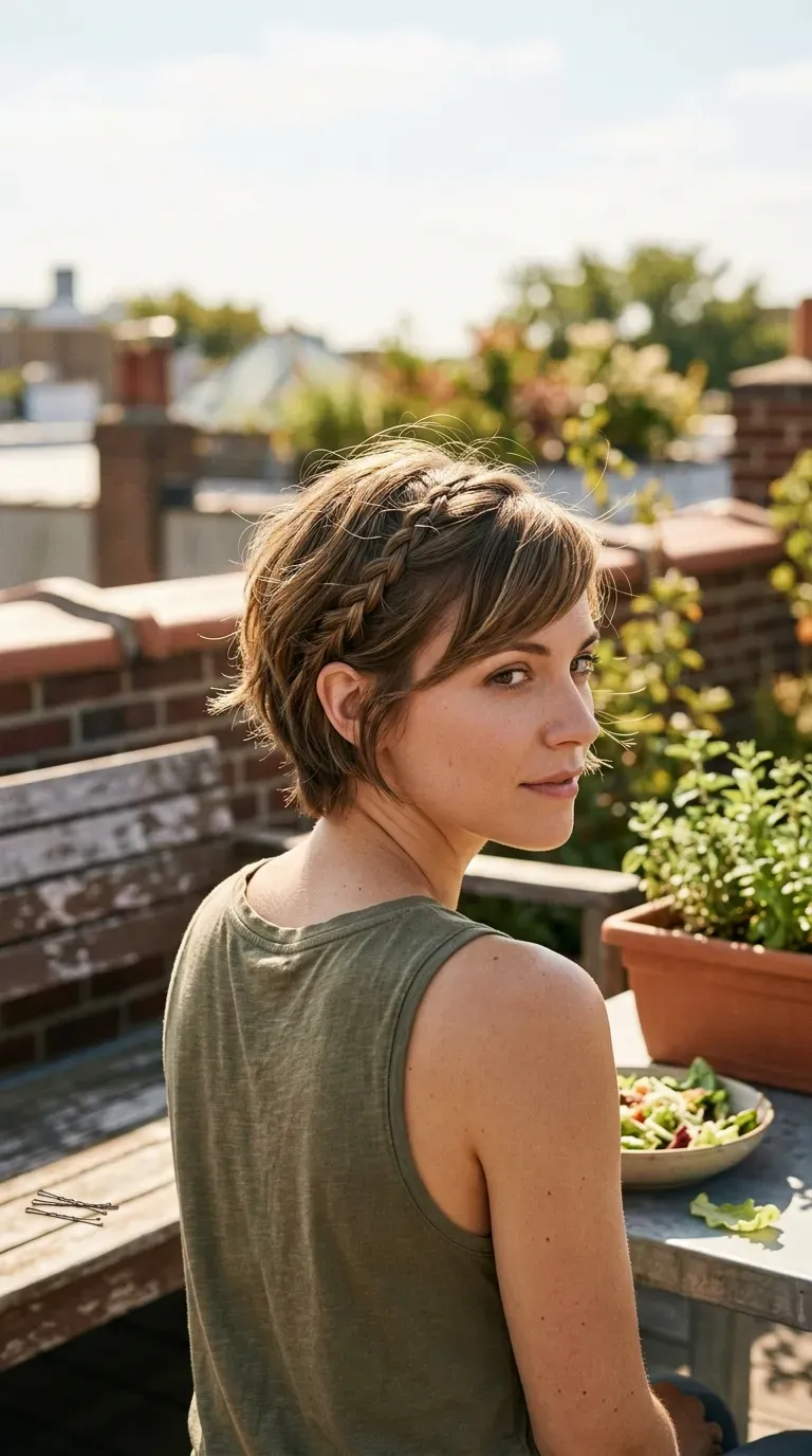 Side profile of a wide headband over a soft wave bob outdoors