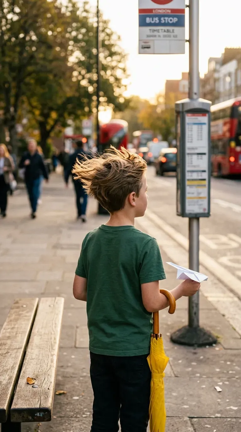 Boy's short hair swept dramatically sideways as if blown by strong wind