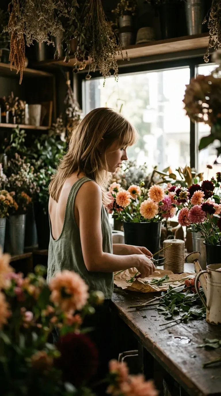 Side profile of wispy bangs and light layers in a flower shop