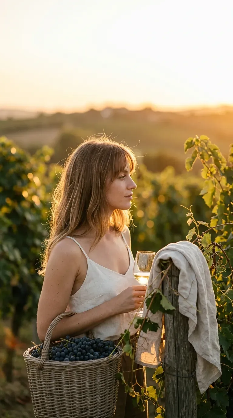 Three quarter view of a wispy fringe with a shoulder length cut in a vineyard