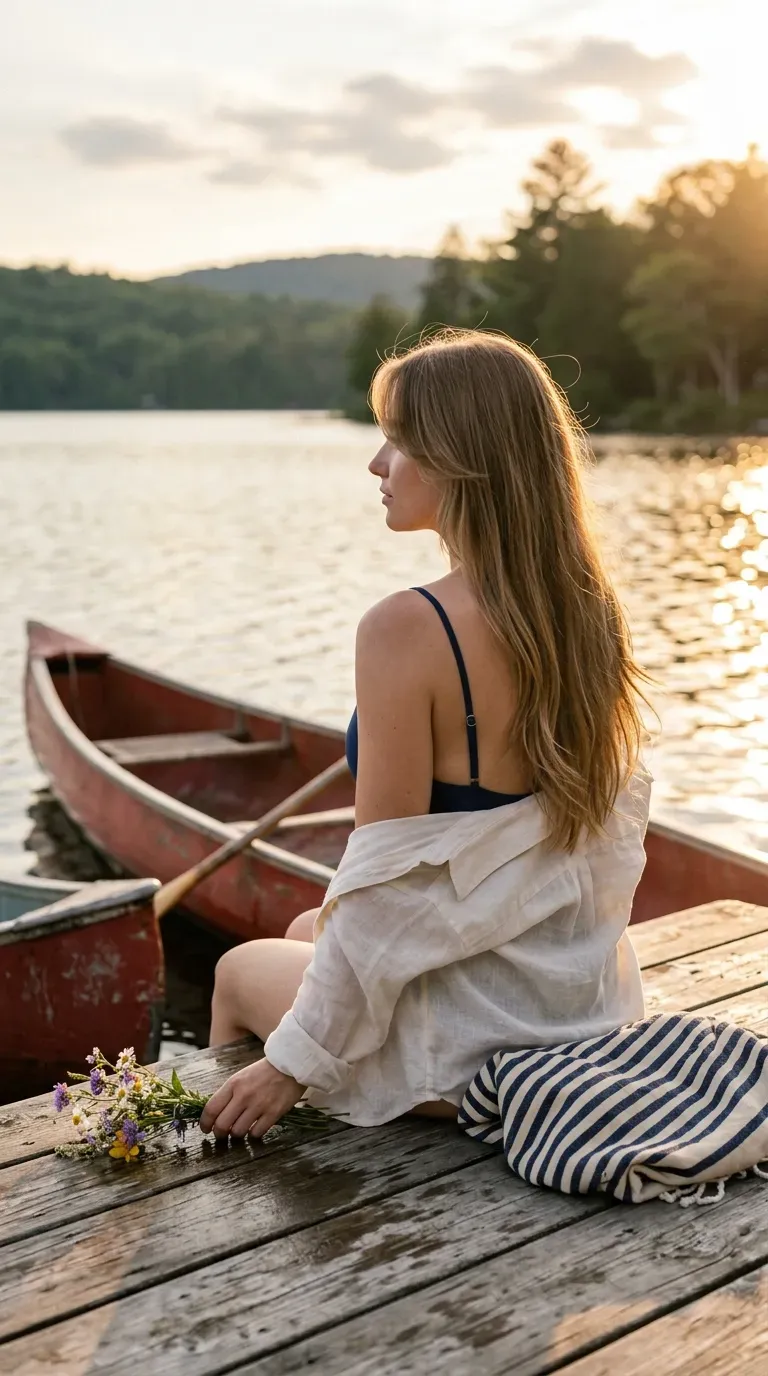 Light brown long hair with wispy face framing just past the jaw on a dock