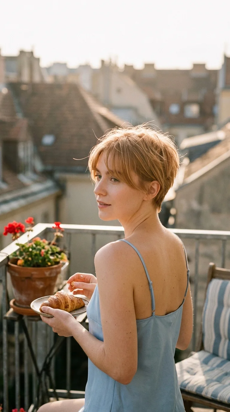 Over the shoulder view of a strawberry blonde wispy pixie with curtain bangs