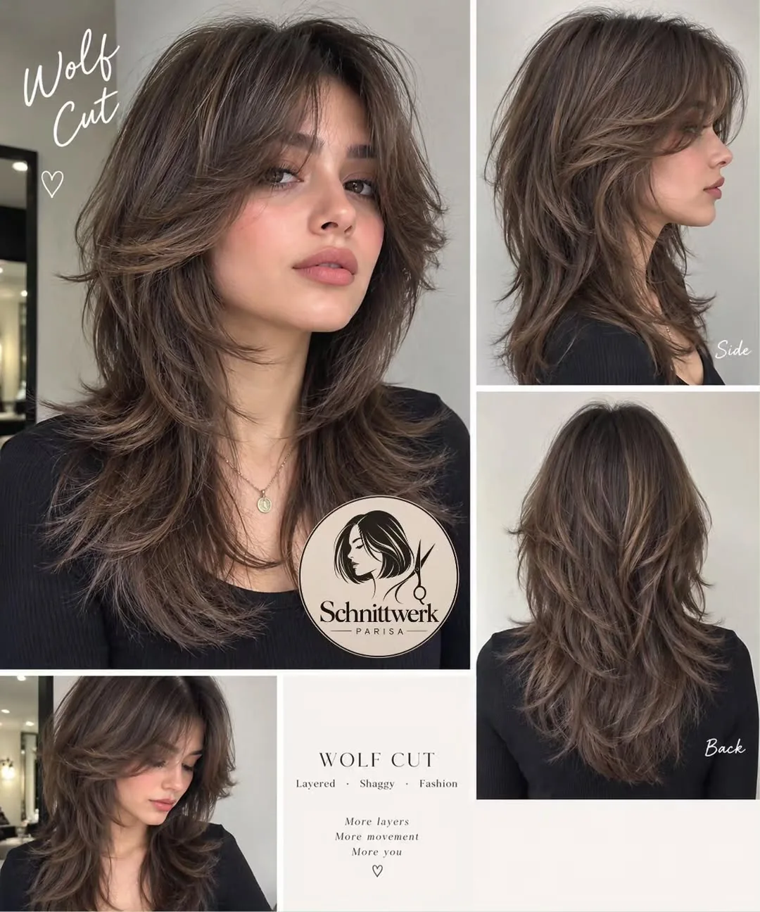 Voluminous wolf cut medium hair with curtain bangs and shaggy layers