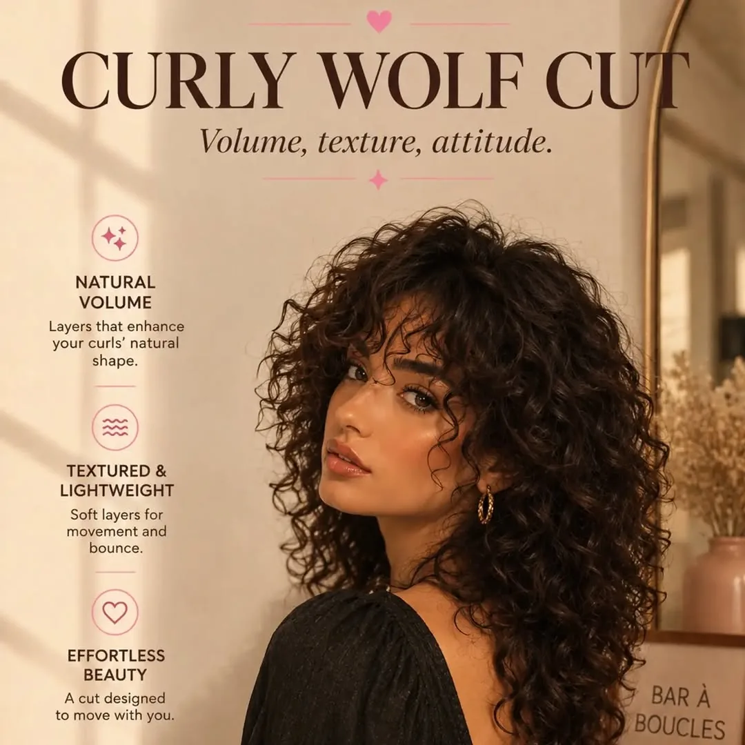 Curly wolf cut medium hair with natural volume and bouncy texture