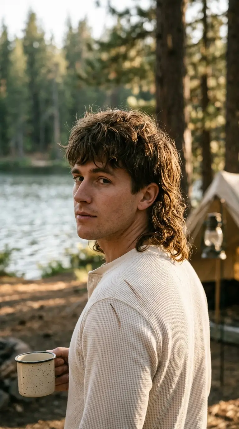 Over the shoulder view of a wavy wolf cut mullet at a lakeside campsite