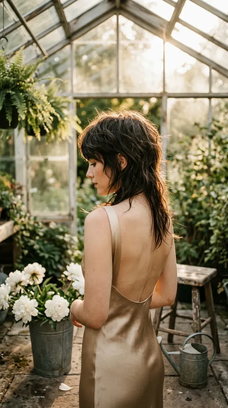 Three quarter back view of a wolf lob with short crown layers in a greenhouse