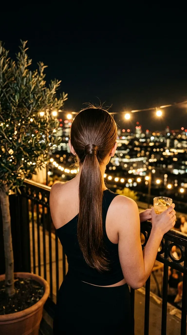 Sleek high ponytail with hair wrapped around the base on a rooftop at night