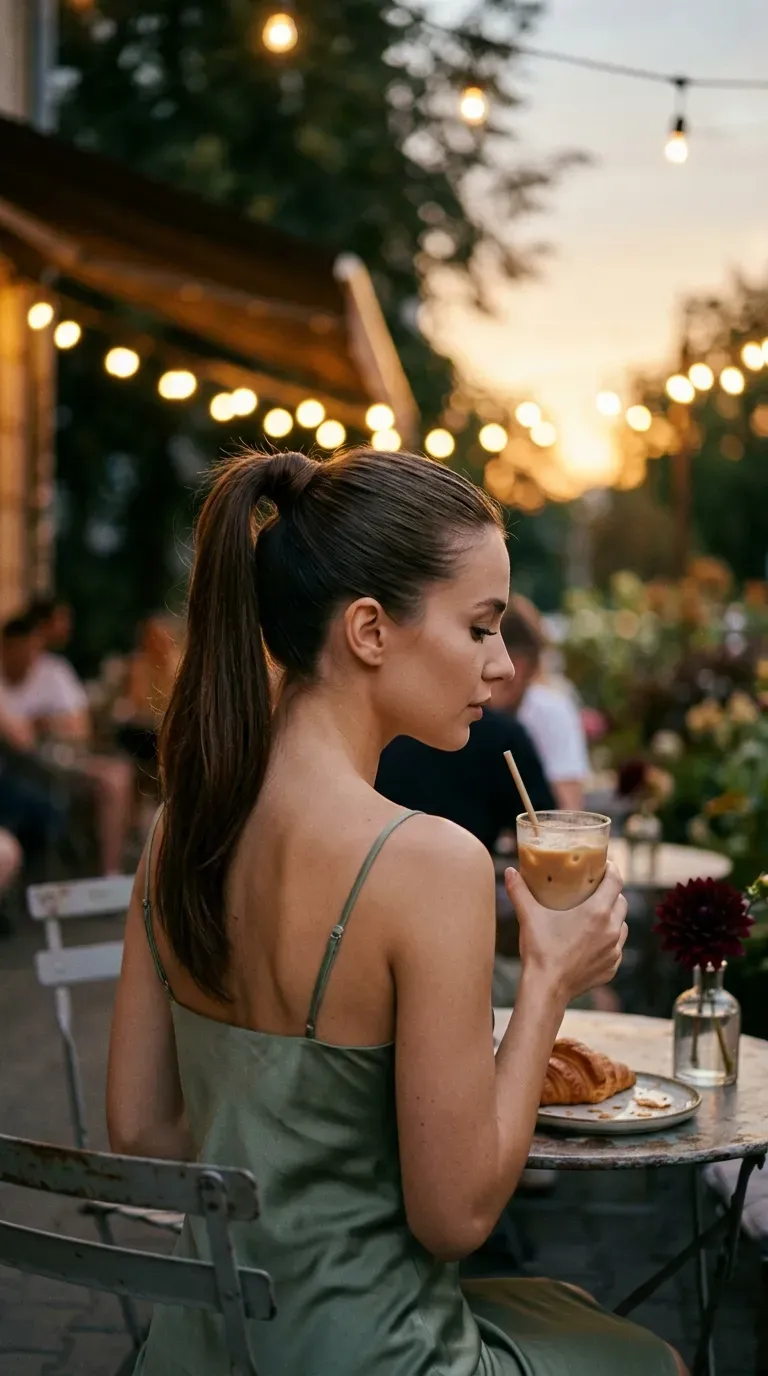 Three quarter view of a high ponytail with a hair wrapped elastic at a cafe