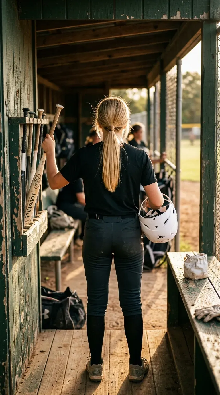 Blonde ponytail with a strand of hair wrapped over the elastic in a dugout