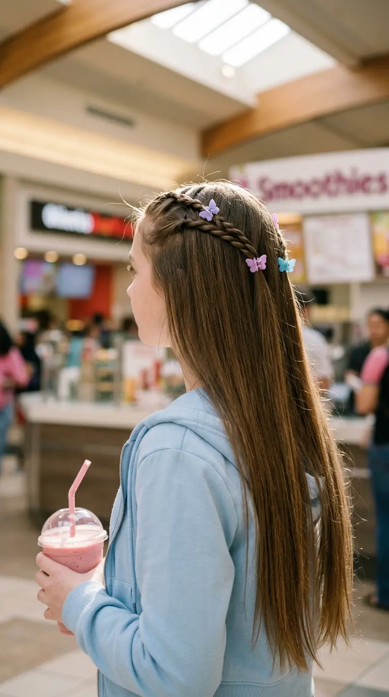 Side view of small front twists pinned back with colorful butterfly clips on long straight hair