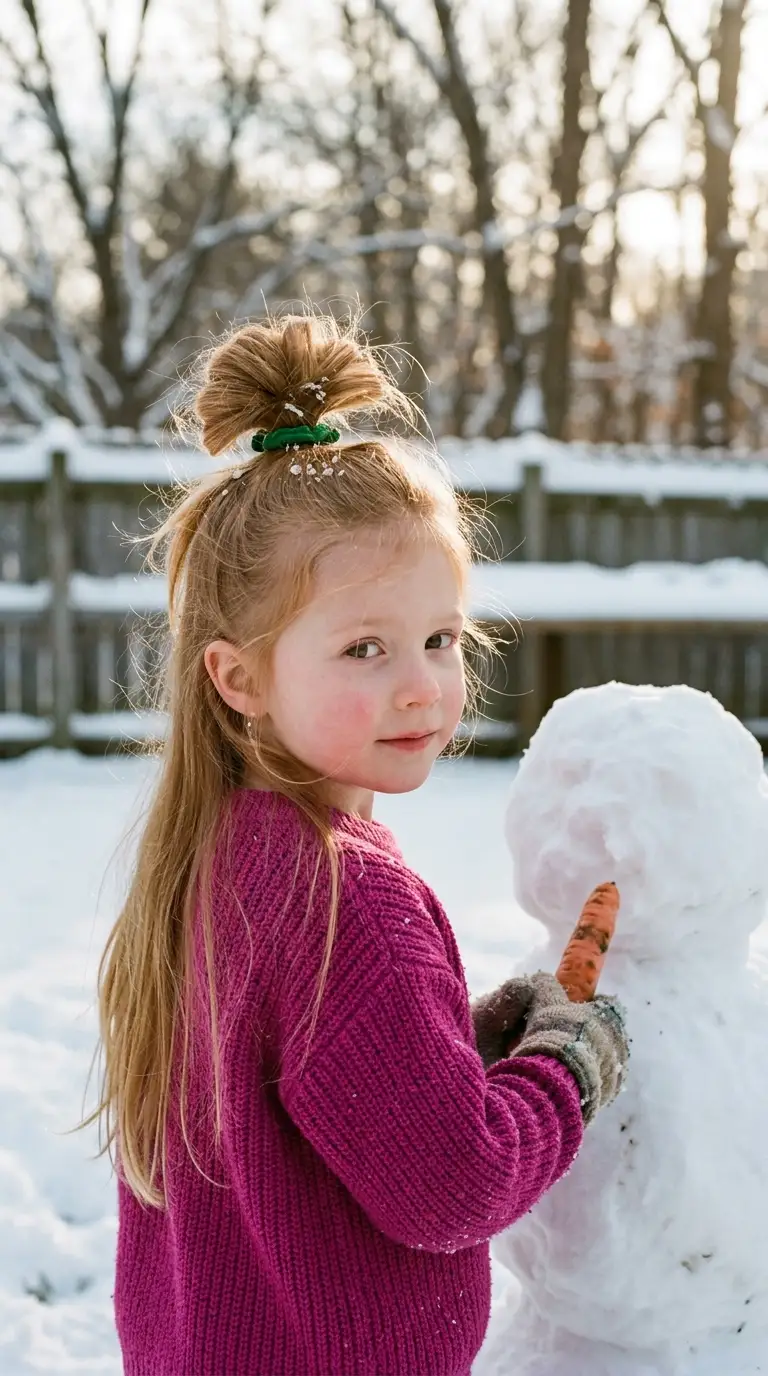 Over the shoulder view of a girl with a messy strawberry blonde top knot in a snowy backyard
