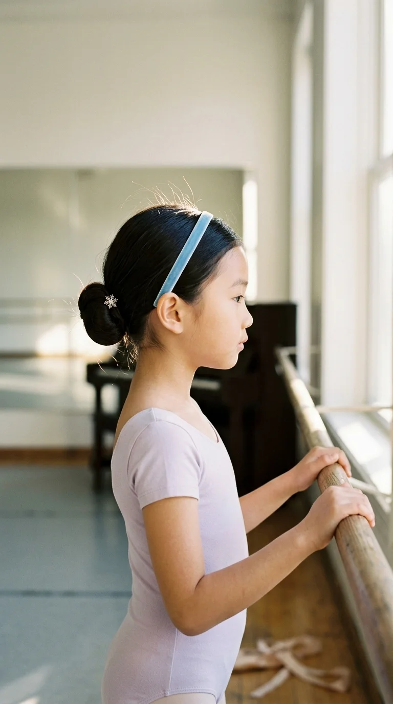 Three quarter front view of a girl with a neat low bun and an icy blue headband in a ballet studio