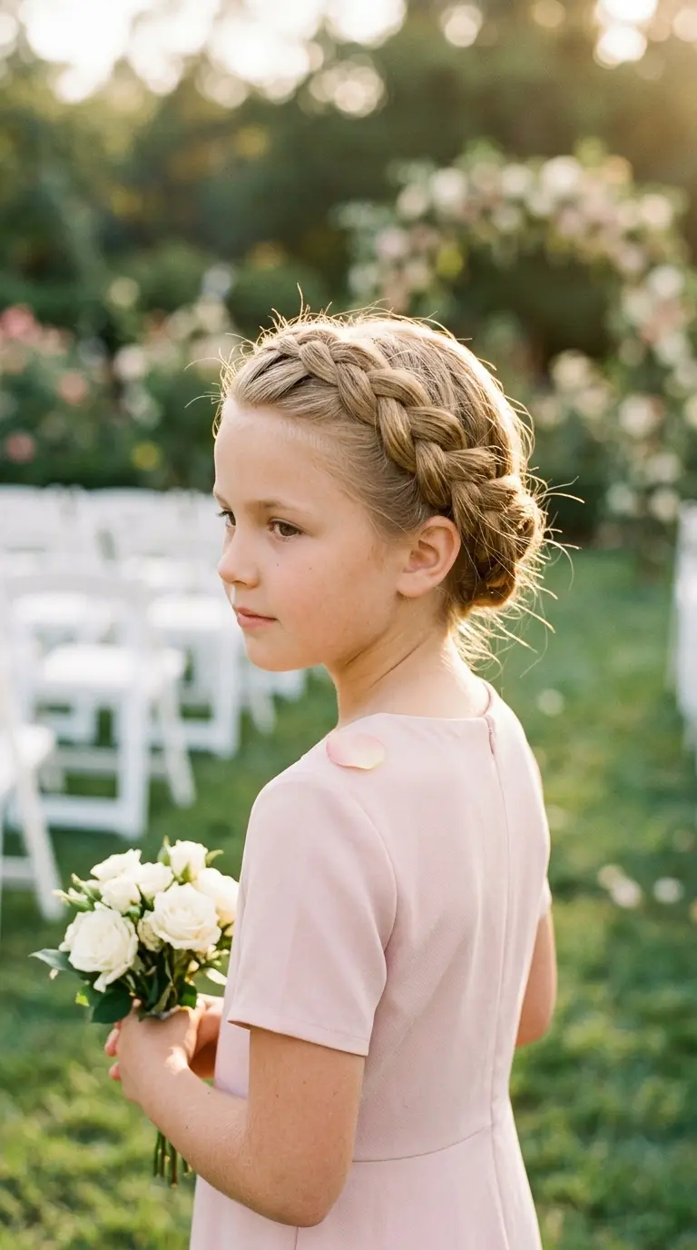 Three quarter back view of a girl with a zigzag French braid winding down the back of her head at a pumpkin patch