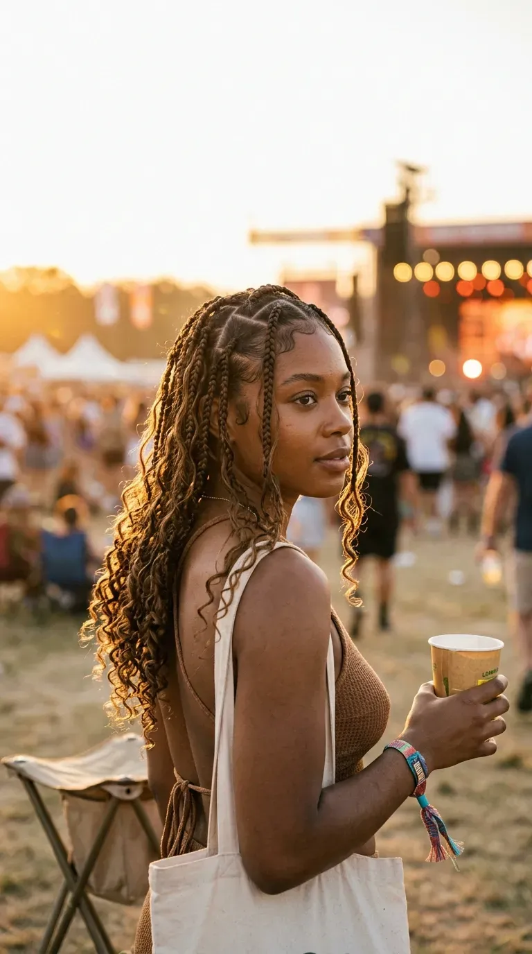 Three quarter view of boho knotless braids with a zigzag part at a festival