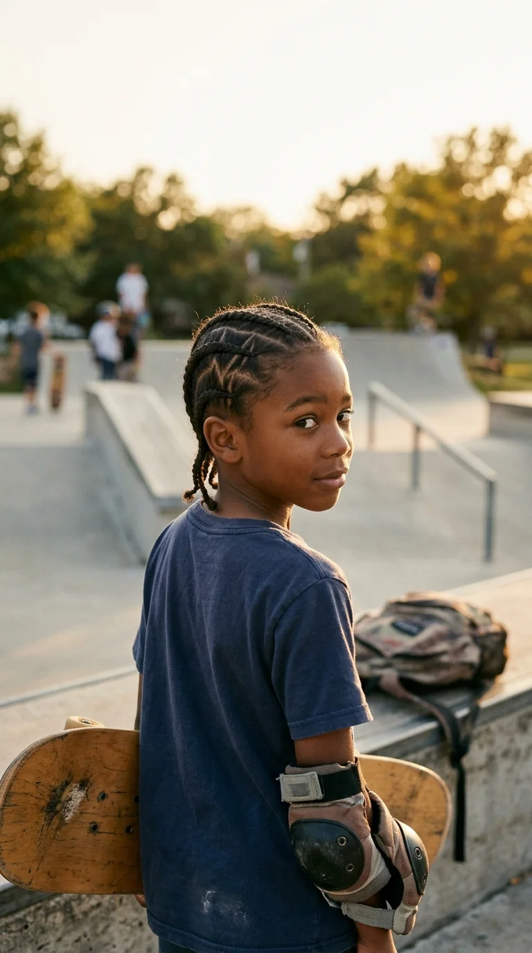 Over the shoulder view of a boy with zigzag part cornrows at a skate park