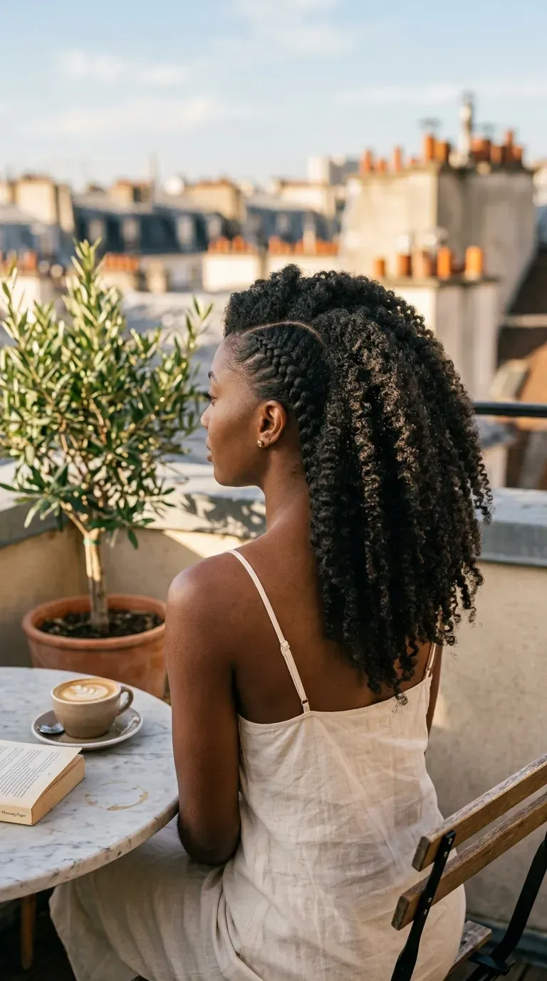 Cornrows with zigzag parts on the front of black coily hair, back view