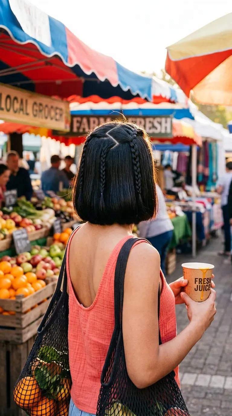 Zigzag part with two skinny braids on either side on a black bob