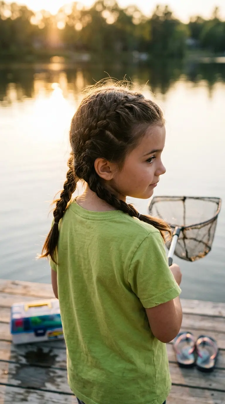 Over the shoulder view of zigzag part pigtail braids on a lakeside dock