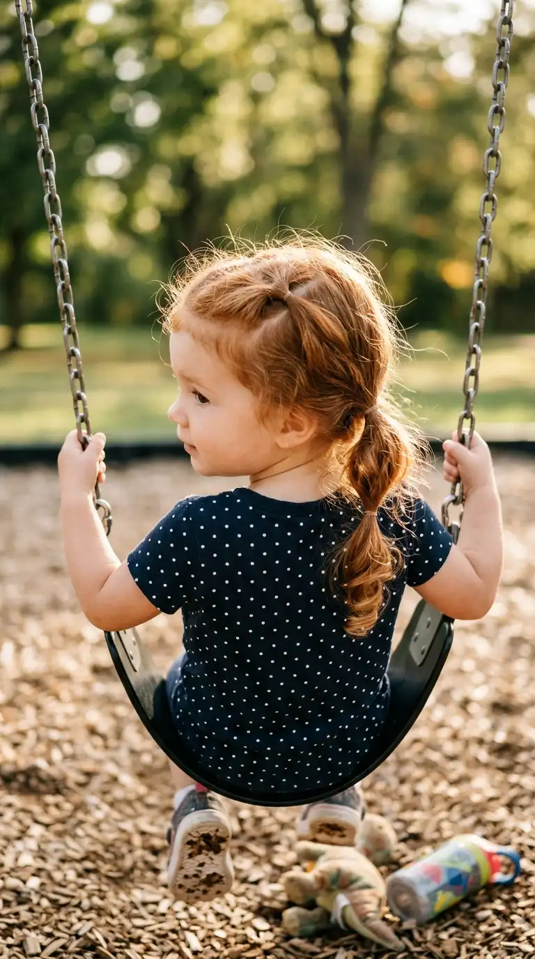 Three quarter back view of a toddler with zigzag part pigtails on a swing
