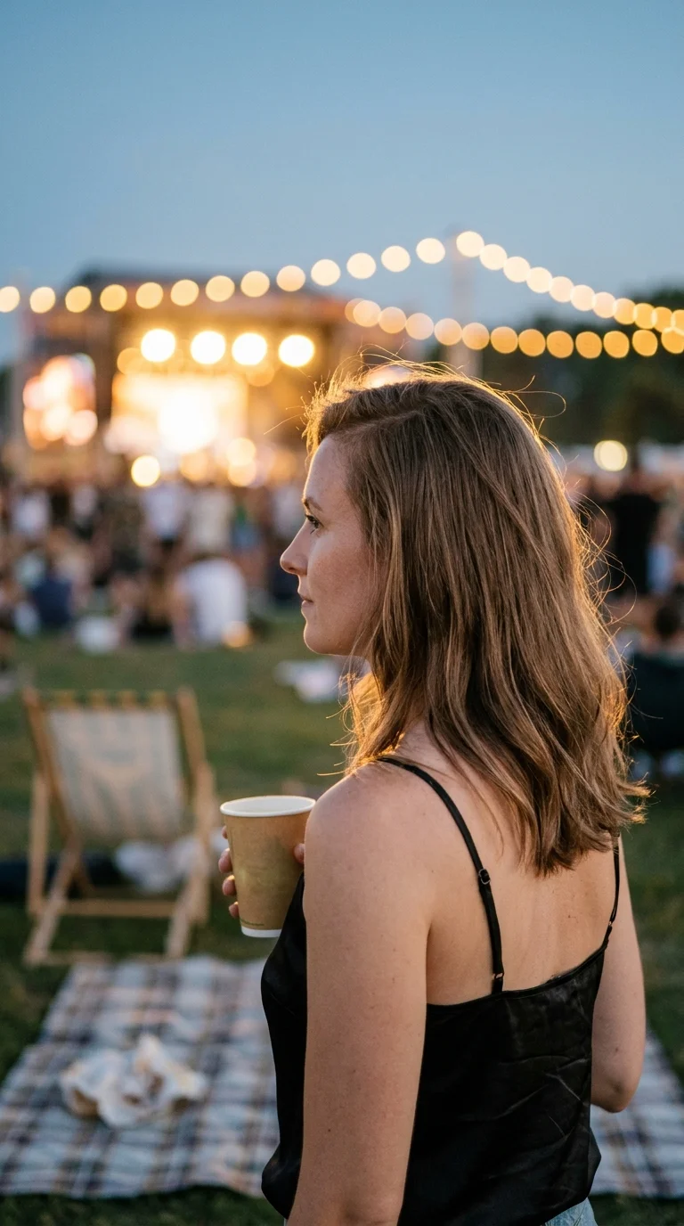 Side profile of medium ash brown hair with a zigzag part at an outdoor concert
